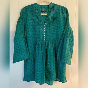 L’Habilleur Blouse Women’s XL Green Cotton Floral Pleated Boho 3/4 Sleeves Tunic